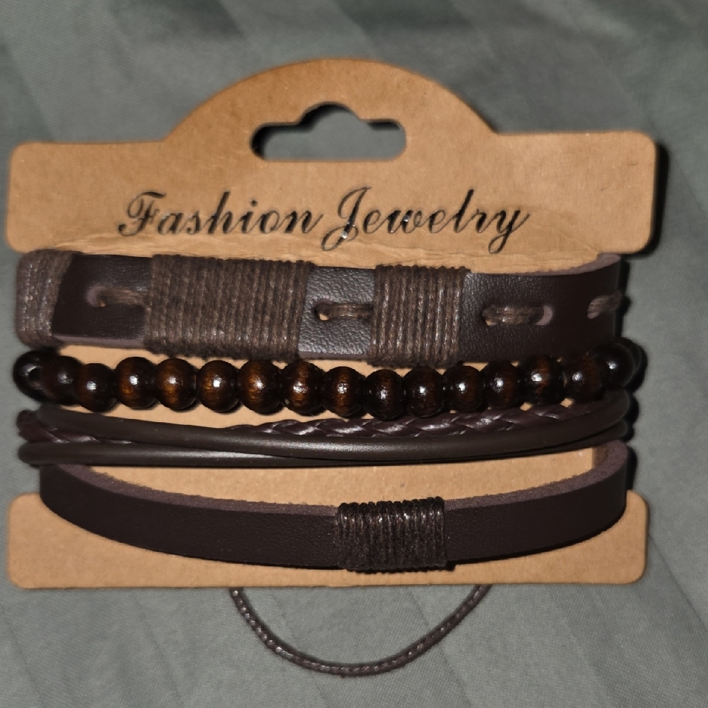 Brown Leather and Beaded Bracelet Set of 3